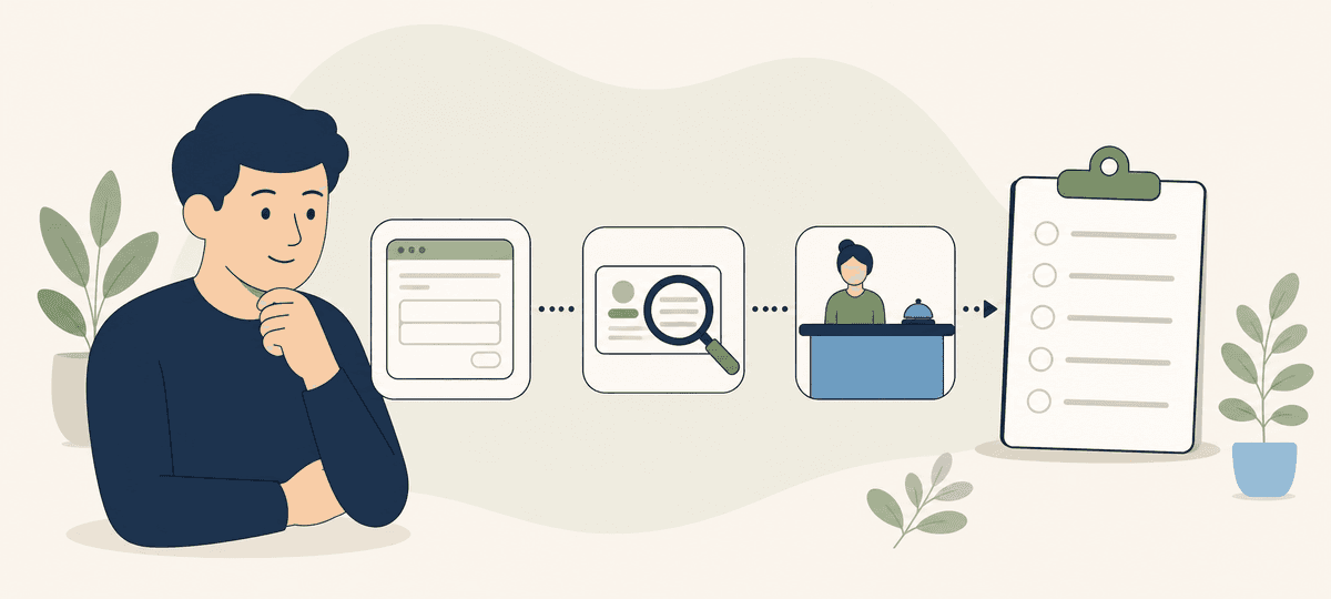 Borrower checking an online application, identity record, in-person desk and written loan checklist.