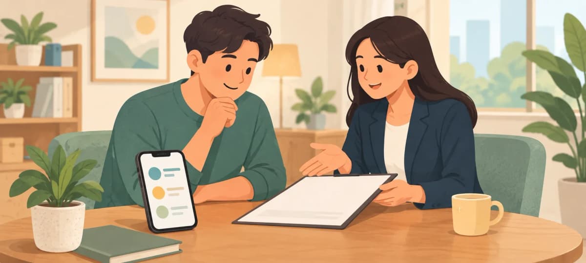 A borrower and adviser discussing a blank agreement, with a phone and checklist nearby.