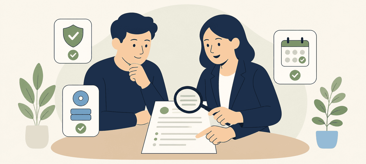 Terms comparison illustration for EZ Loan vs CreditMaster: borrower and advisor reviewing a loan agreement.