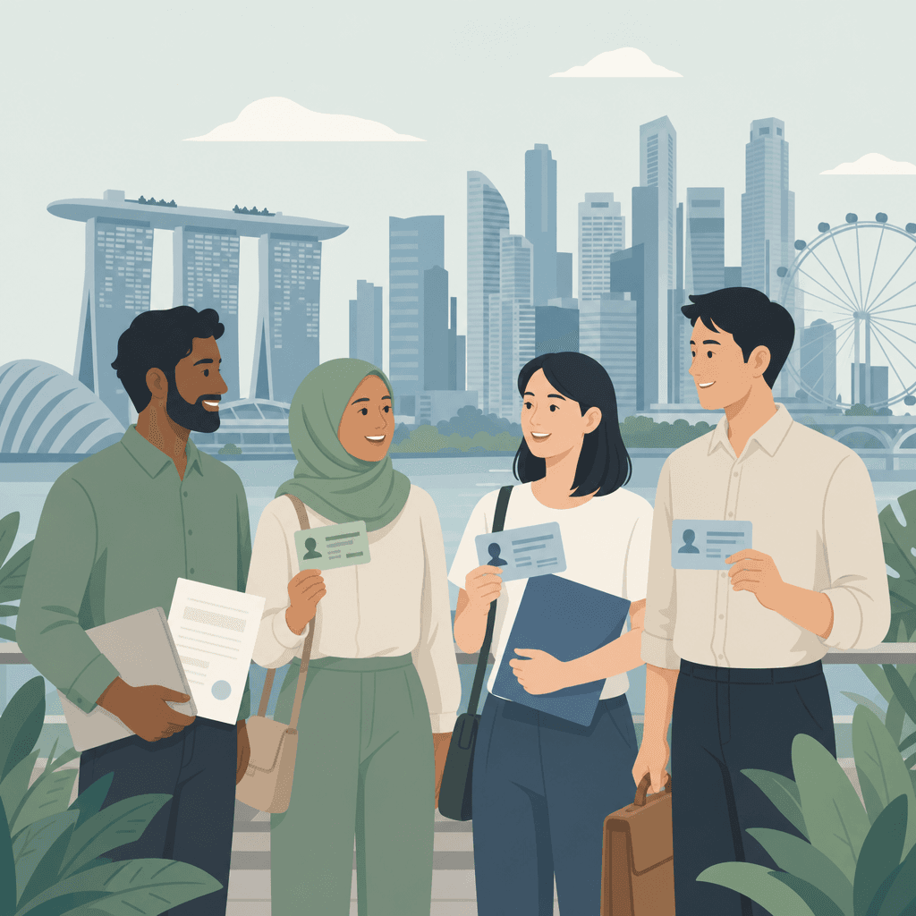 Diverse foreigners with work passes in Singapore — foreigner loan guide illustration