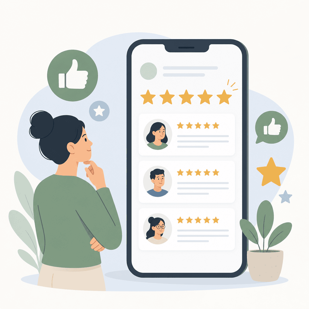 Customer reading 5-star reviews on phone — EZ Loan reviews illustration