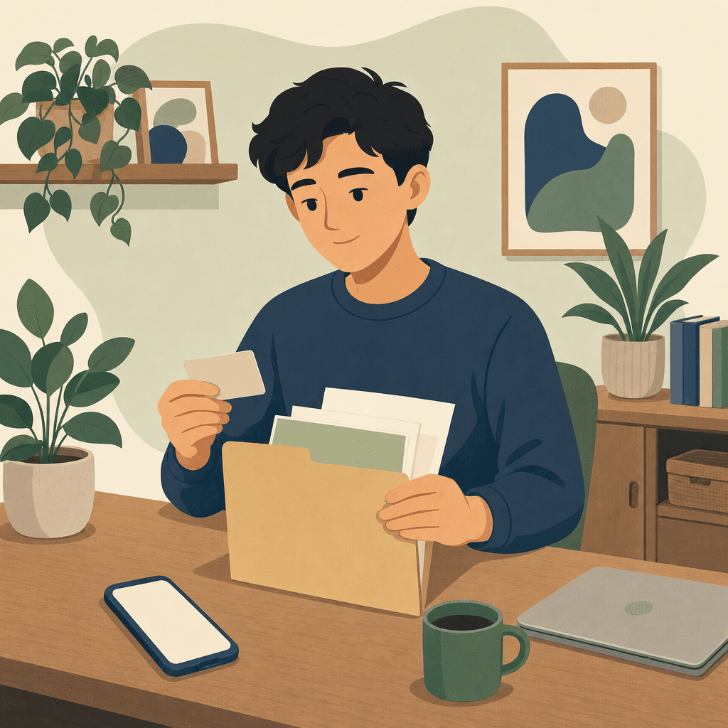 A desk with identity and income documents arranged for a Singapore loan application