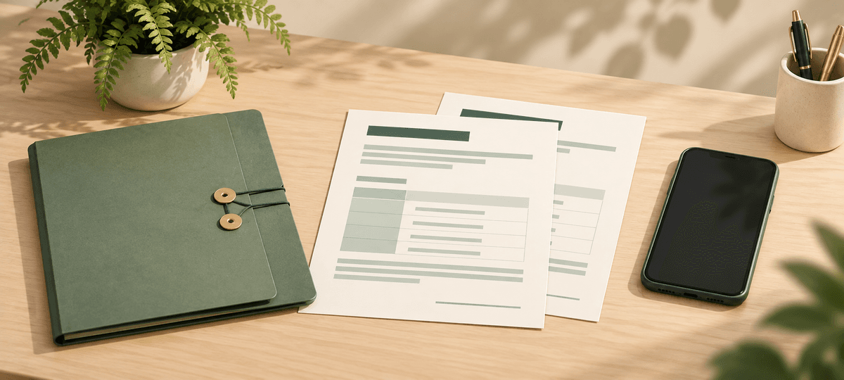Application papers, a document folder and a phone on a desk