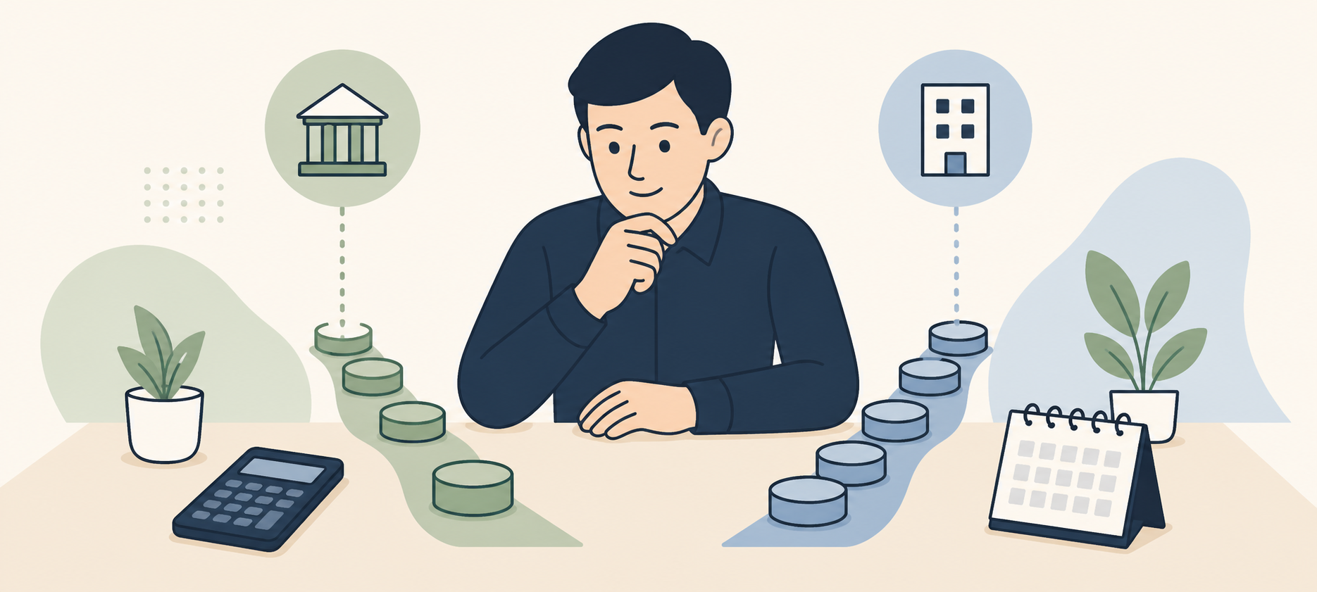 Repayment comparison illustration for EZ Loan vs 1-Cash: borrower considering two repayment paths with a calculator and calendar.