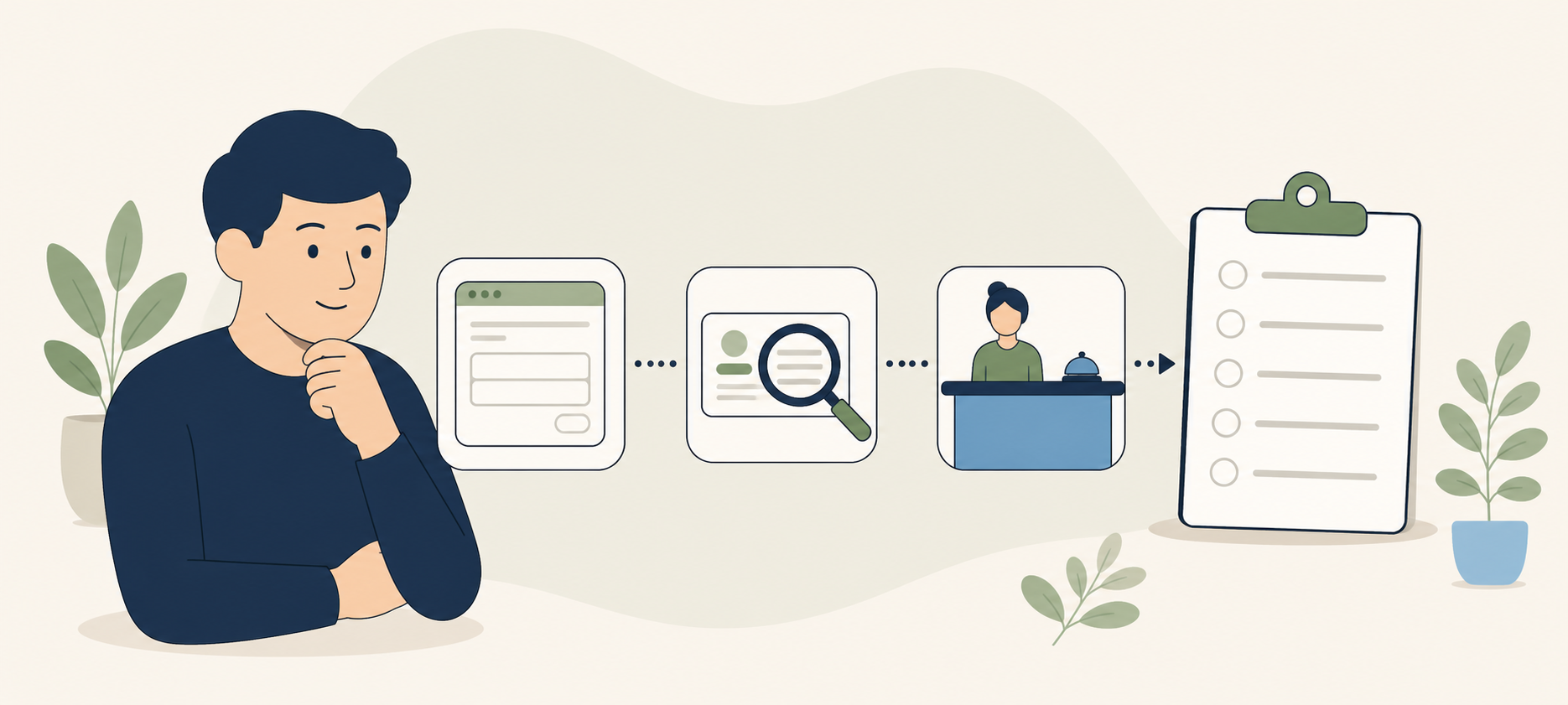 Borrower checking an online application, identity record, in-person desk and written loan checklist.