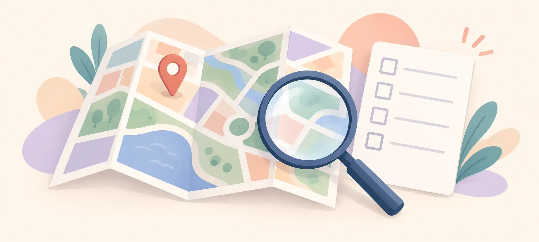 An abstract map, location pin, checklist and magnifying glass illustrating office and borrowing checks.