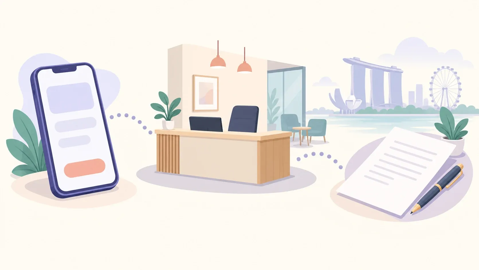 A generic phone, reception desk and blank agreement illustrating an online start followed by in-person steps.