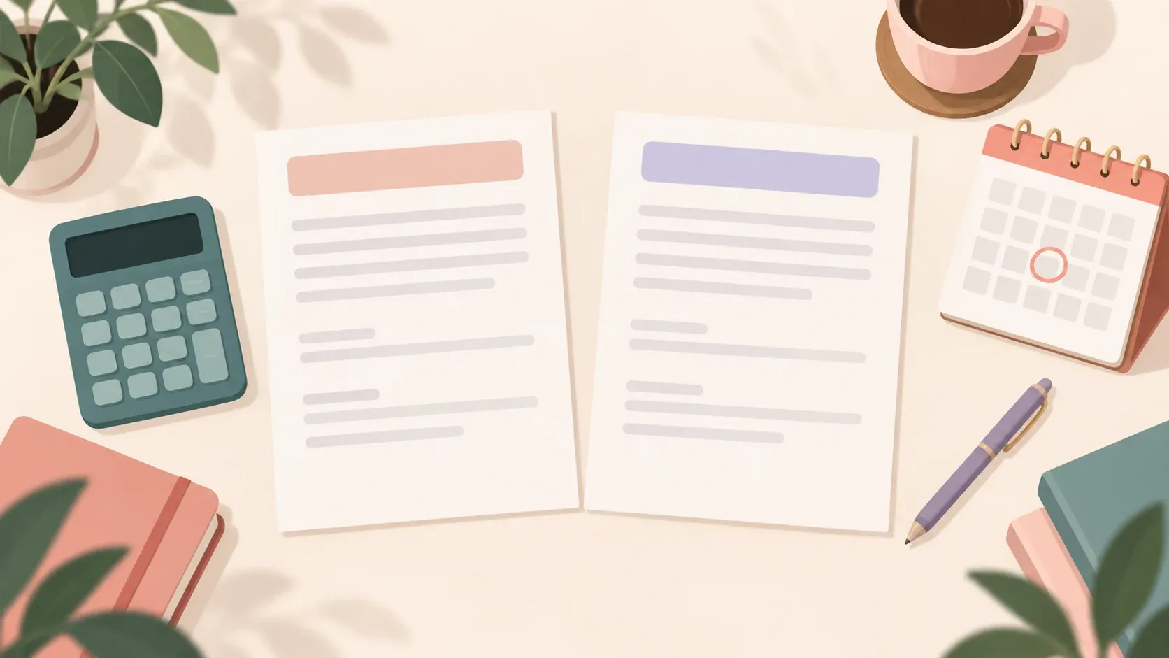 Blank offer sheets, a calculator and a calendar illustrating written-term and early-settlement checks.