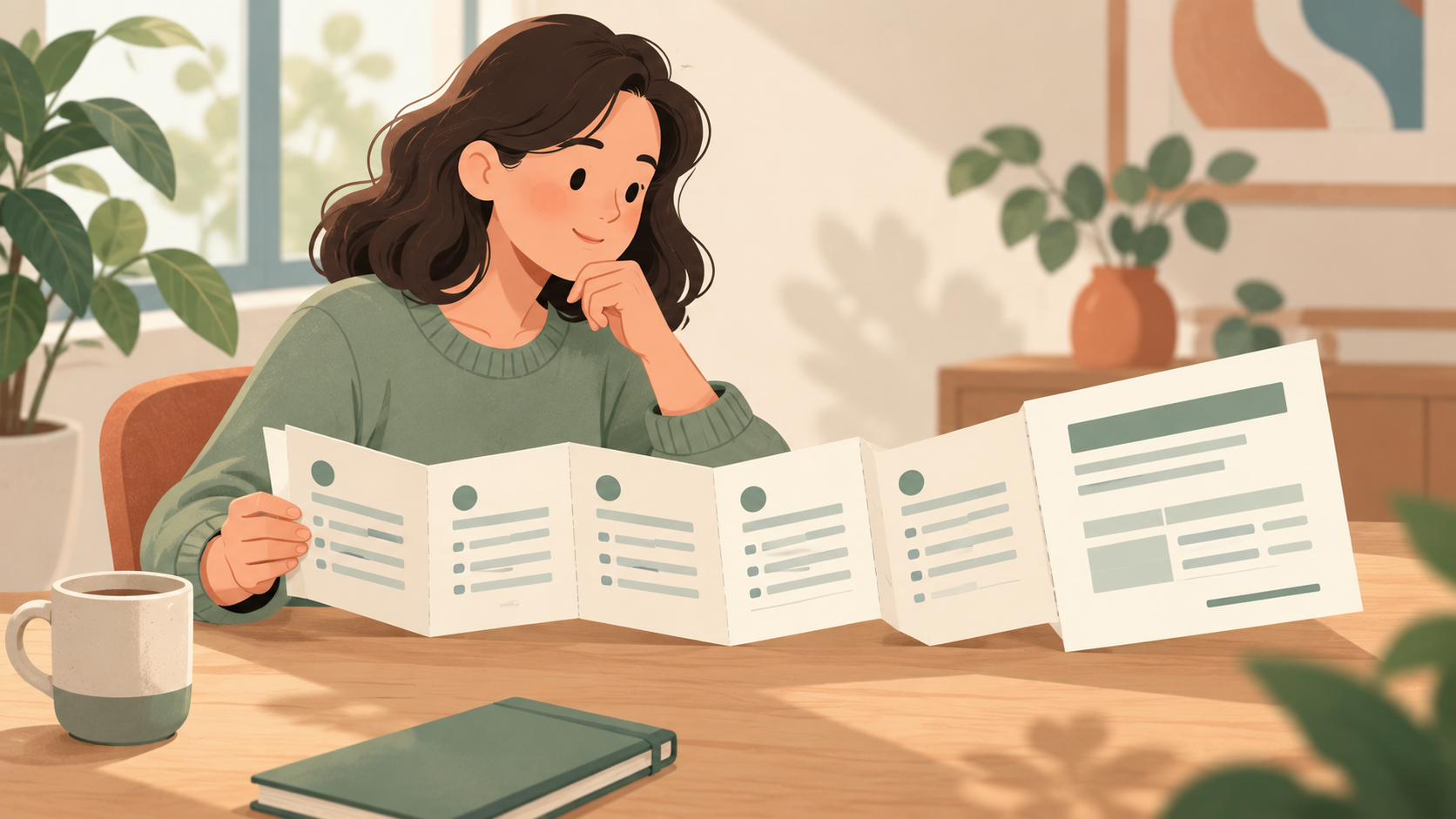 Person unfolding a payment schedule with individual panels and a final summary panel.