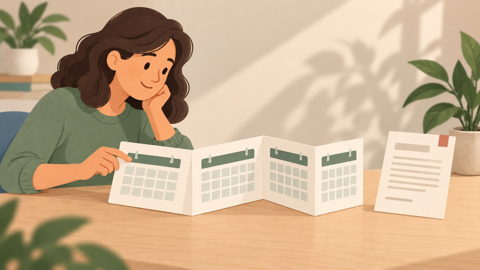 Woman pointing at a folded calendar planner beside a separate sheet with abstract lines.